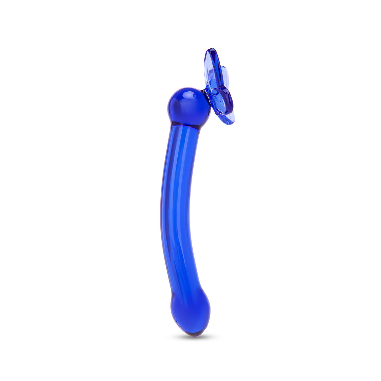 Sideview of the Blue curved glass G-spot dildo with butterfly base on a white background