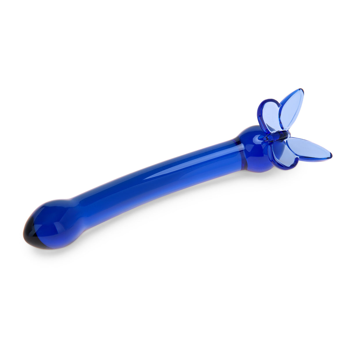 Blue curved glass G-spot dildo with butterfly base on a white background