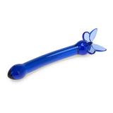 Blue curved glass G-spot dildo with butterfly base on a white background