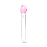 glass floral dildo—sleek shaft, tapered tip, and a secure pink tulip base on a white background
