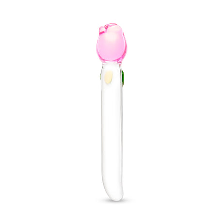 glass floral dildo—sleek shaft, tapered tip, and a secure pink tulip base on a white background