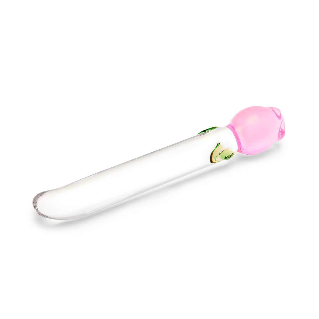 glass floral dildo—sleek shaft, tapered tip, and a secure pink tulip base on a white background