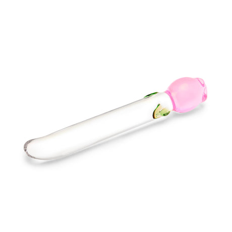 glass floral dildo—sleek shaft, tapered tip, and a secure pink tulip base on a white background