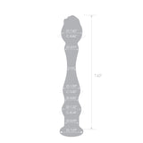 Gray silhouette of a textured glass dildo, featuring gentle ripples, a tapered tip, and a secure pink rosebud basewith measurements labeled on a white background