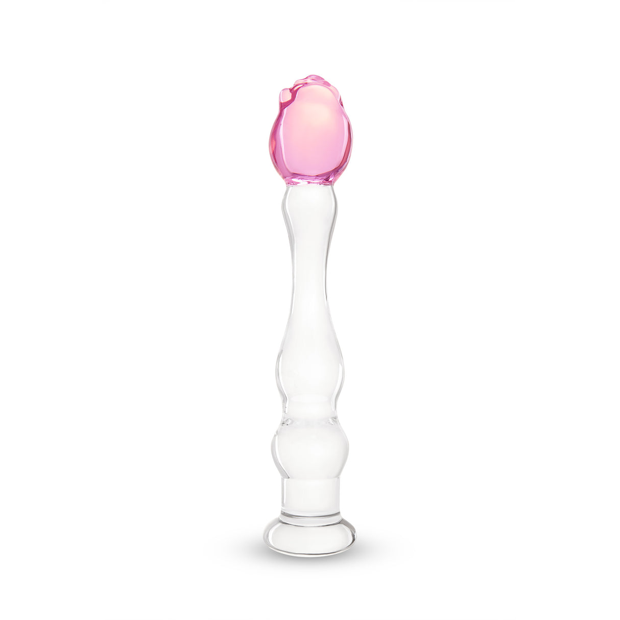 textured glass dildo, featuring gentle ripples, a tapered tip, and a secure pink rosebud base on a white background