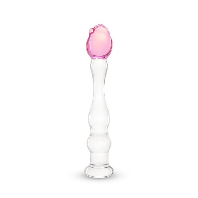 textured glass dildo, featuring gentle ripples, a tapered tip, and a secure pink rosebud base on a white background