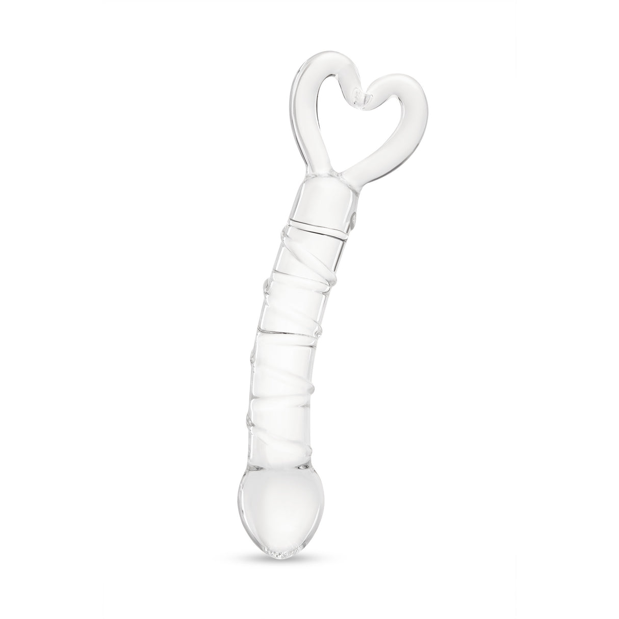 Spiraled Ridge Glass Dildo with heart-shaped base on a white background