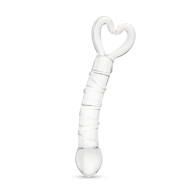 Spiraled Ridge Glass Dildo with heart-shaped base on a white background