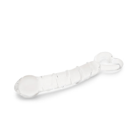 Spiraled Ridge Glass Dildo with heart-shaped base on a white background