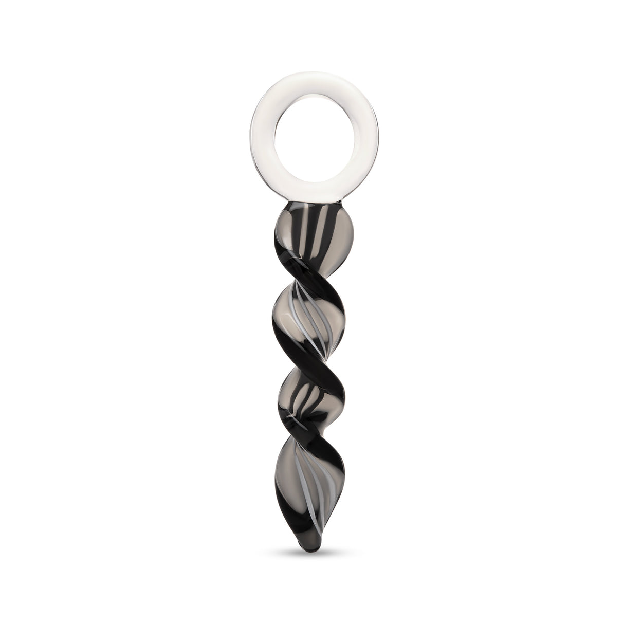 Black & White Corkscrew Dildo with finger loop base  on a white background