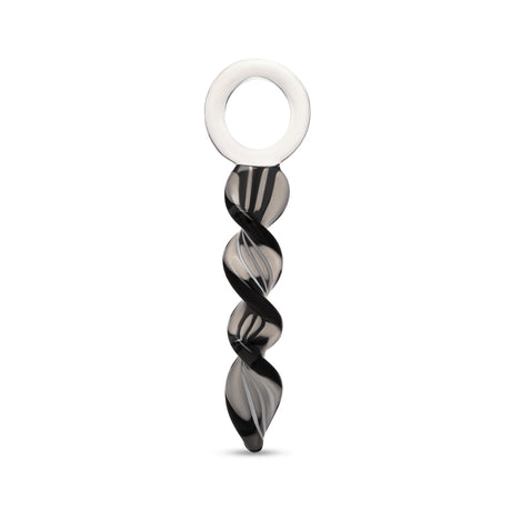Black & White Corkscrew Dildo with finger loop base  on a white background
