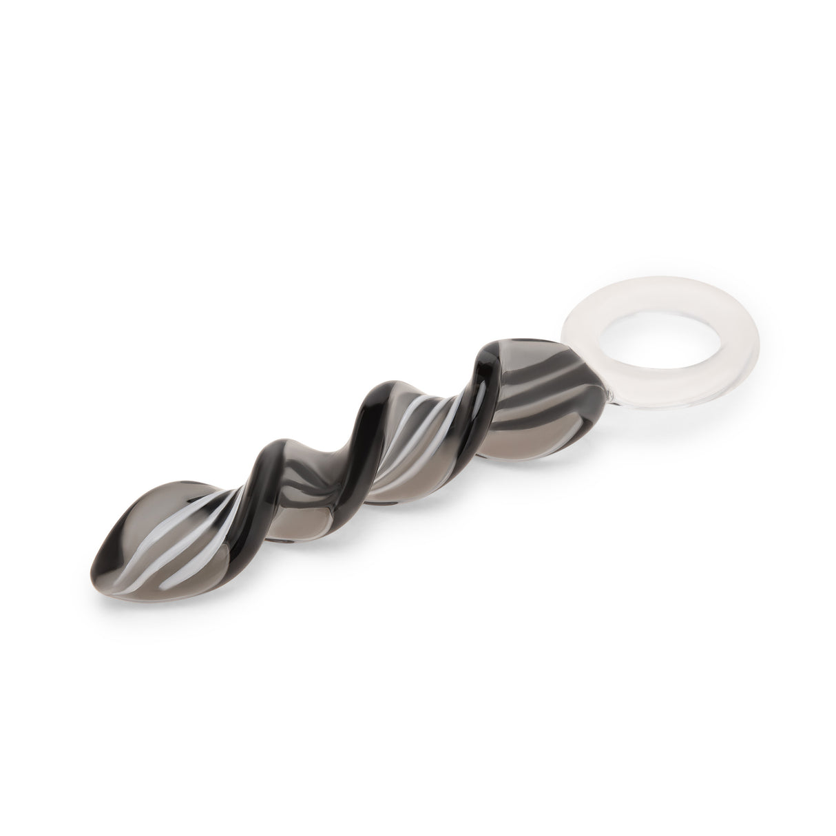 Black & White Corkscrew Dildo with finger loop base on a white background