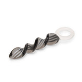 Black & White Corkscrew Dildo with finger loop base on a white background