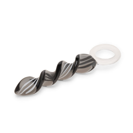 Black & White Corkscrew Dildo with finger loop base on a white background