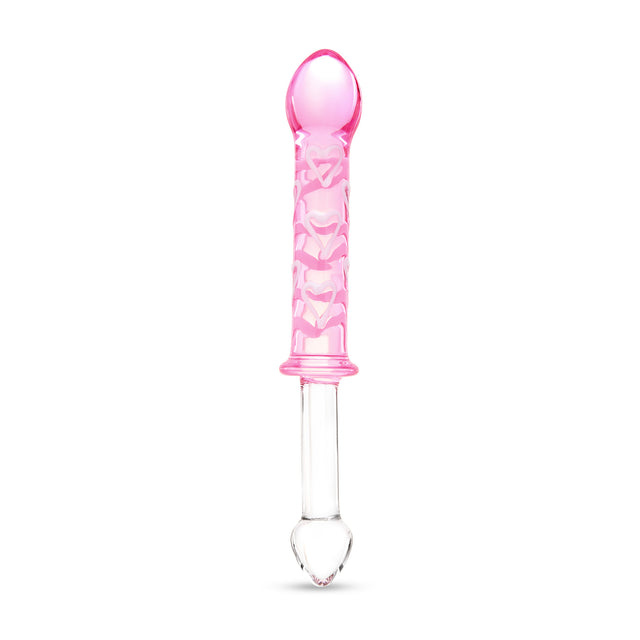 dual-ended glass dildo featuring a smooth end and a pink ribbed textured end