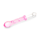 dual-ended glass dildo featuring a smooth end and a pink ribbed textured end on a white background