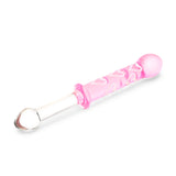 dual-ended glass dildo featuring a smooth end and a pink ribbed textured end on a white background