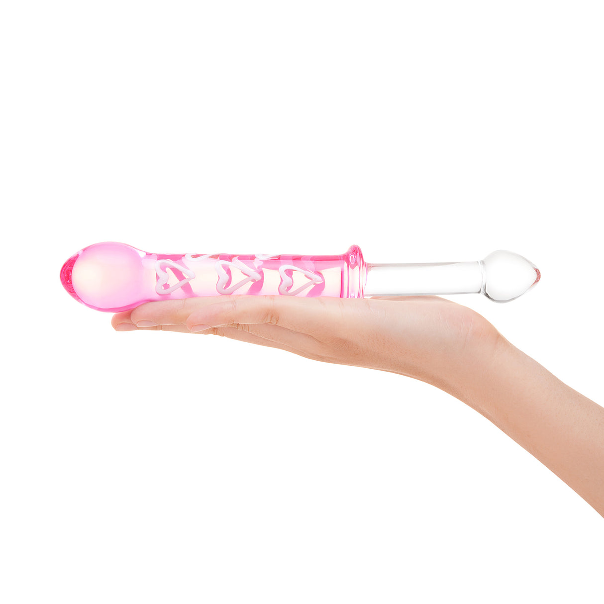 dual-ended glass dildo featuring a smooth end and a pink ribbed textured end held in a hand on a white background