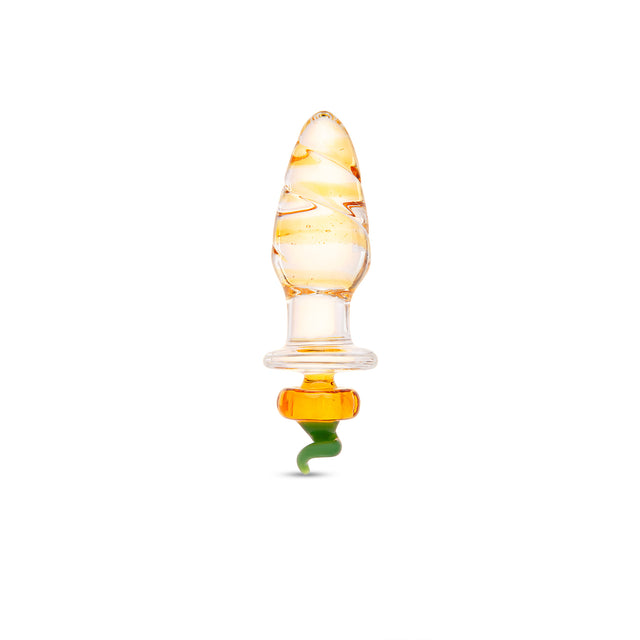 Glass anal plug featuring a rippled shaft and a jack-o-lantern pumpkin-shaped base on a white background