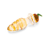 Glass anal plug featuring a rippled shaft and a jack-o-lantern pumpkin-shaped base on a white background