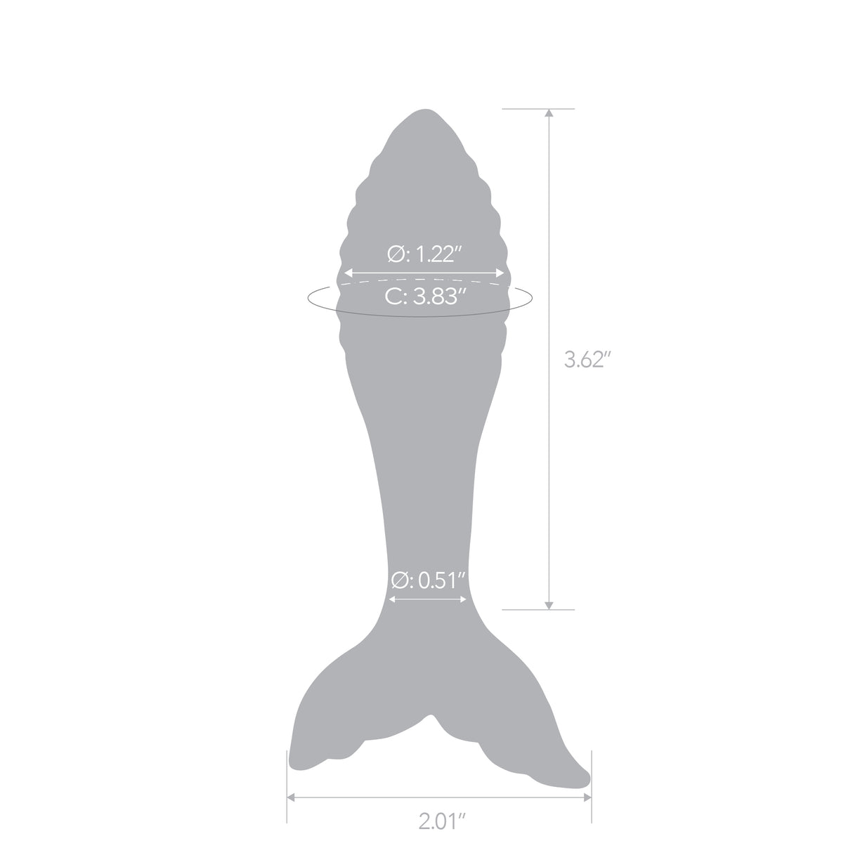 Gray silhoutte of Pink Mermaid Tail - Ridged Glass Anal Plug with measurements on a white background