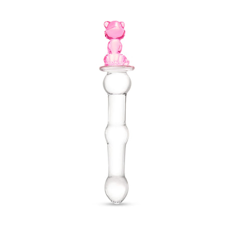 Beaded Glass Dildo with pink cat base on a white background