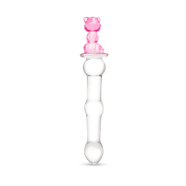 Beaded Glass Dildo with pink cat base on a white background