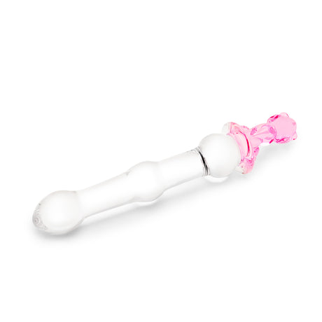 Beaded Glass Dildo with pink cat base on a white background