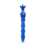 Blue Nubbed Glass Dildo with unicorn sshaped handle on a white background