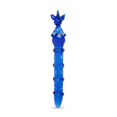 Blue Nubbed Glass Dildo with unicorn sshaped handle on a white background