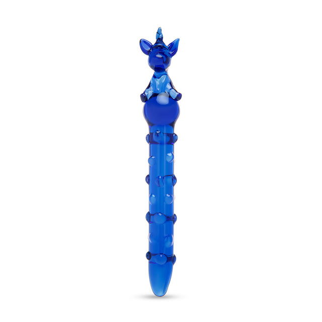 Blue Nubbed Glass Dildo with unicorn sshaped handle on a white background
