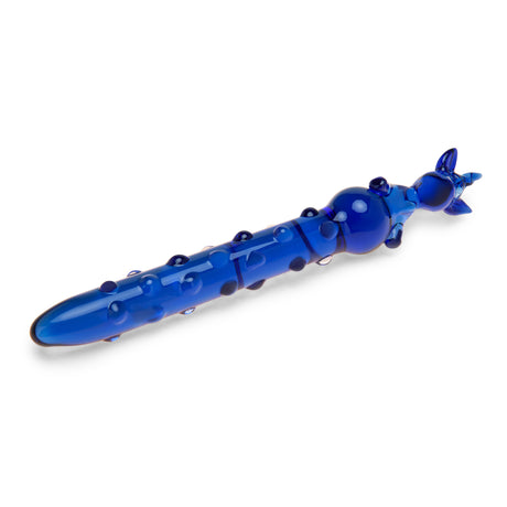 Blue Nubbed Glass Dildo with unicorn sshaped handle on a white background