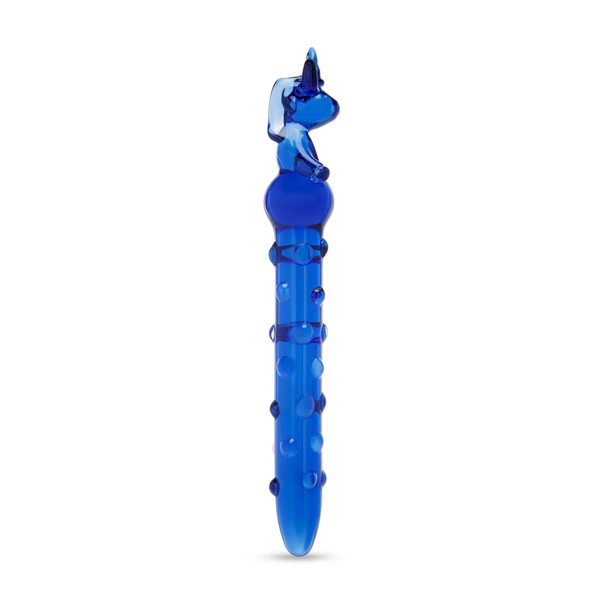 Blue Nubbed Glass Dildo with unicorn shaped handle on a white background