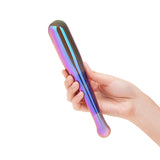 Hand holding a Chrome Baseball Bat Shaped Dildo with round handle against a white background