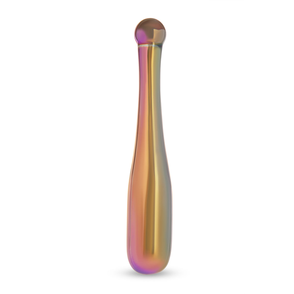 Iridescent Glass Dildo with round handle and sleek shaft on a white background