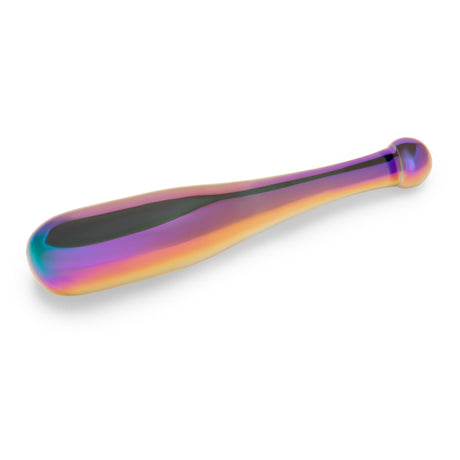 Iridescent Glass Dildo with round handle and sleek shaft on a white background