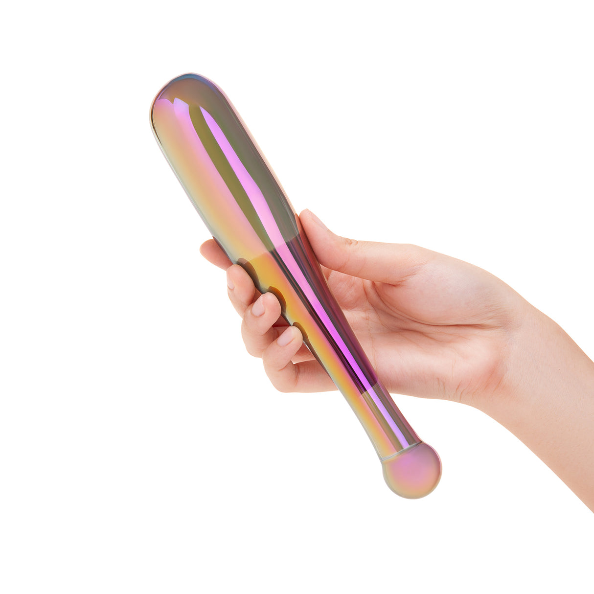 Hand holding a Iridescent Glass Dildo with round handle and sleek shaft  against a white background