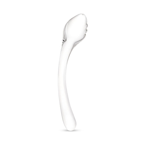 Clear G-Spot Curved Glass Dildo with teardrop-shaped textured tip on a white background