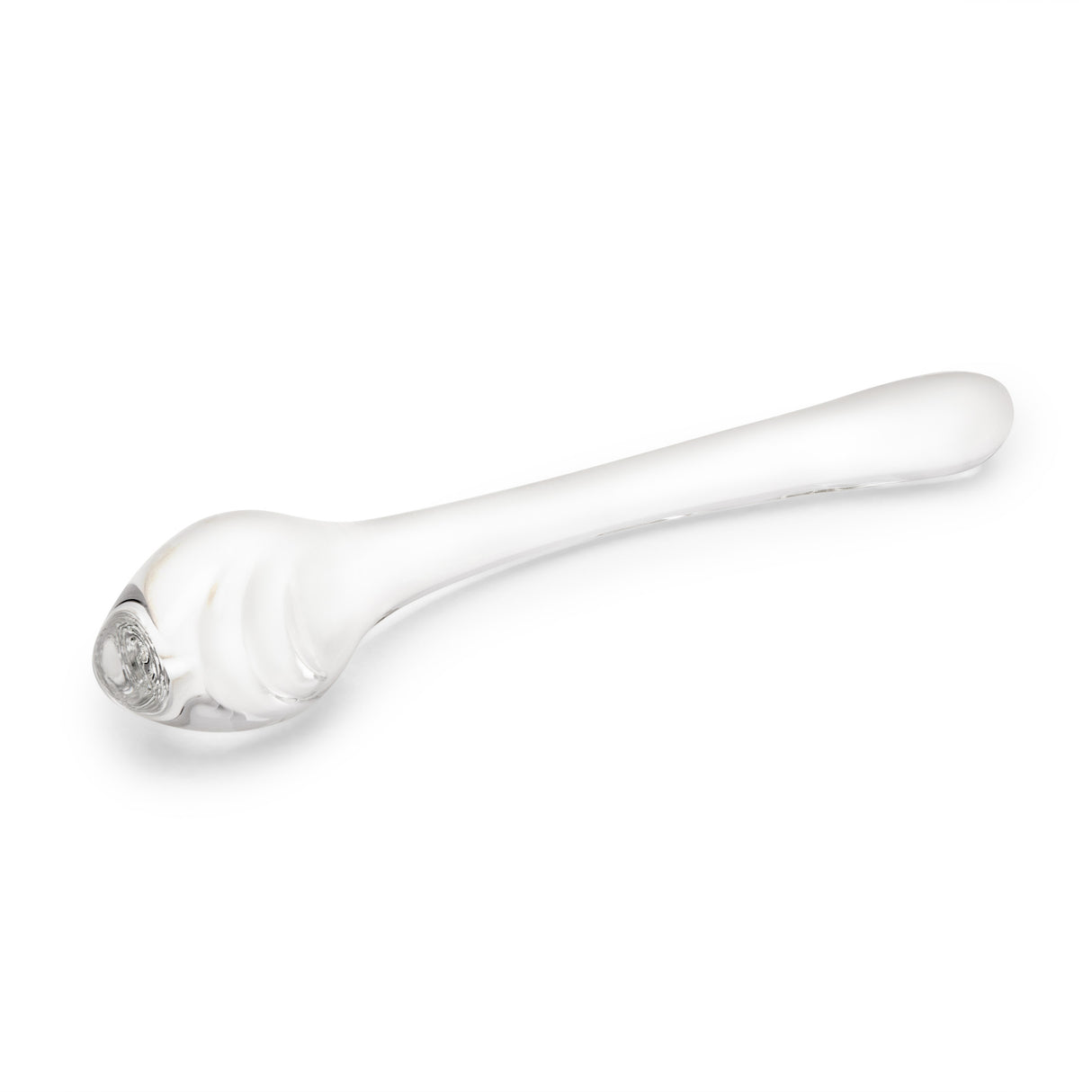 Clear G-Spot Curved Glass Dildo with teardrop-shaped textured tip on a white background