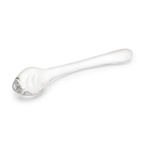 Clear G-Spot Curved Glass Dildo with teardrop-shaped textured tip on a white background