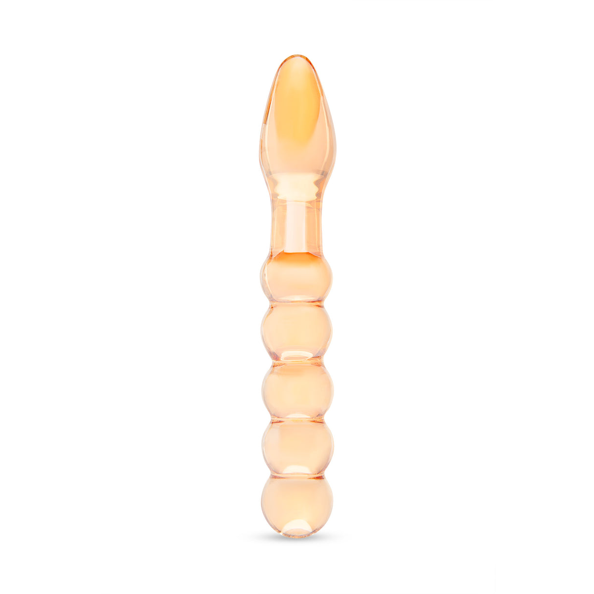 Dual-Ended Beaded Glass Dildo - smooth tapered end and a beaded shaft on a white background