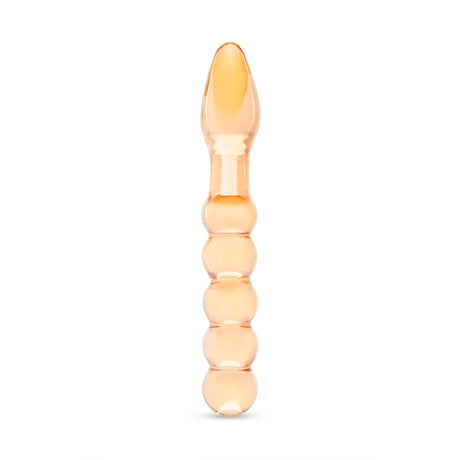 Dual-Ended Beaded Glass Dildo - smooth tapered end and a beaded shaft on a white background