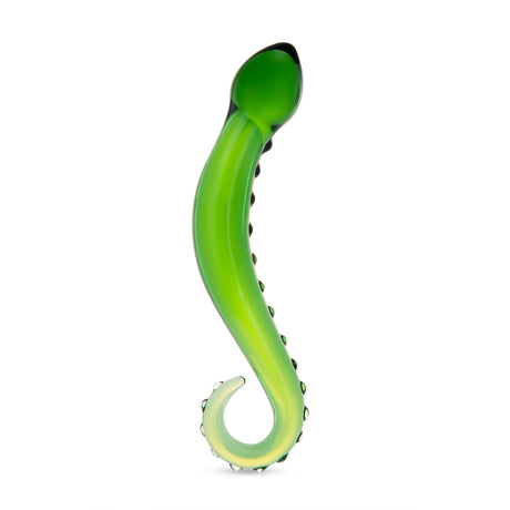 Green Nubbed Glass Dildo with a ring-shaped handle and nubbed shaft on a white background