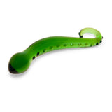 Green Nubbed Glass Dildo with a ring-shaped handle and nubbed shaft  on a white background