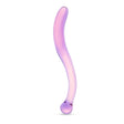Purple and pink elongated S-shape glass dildo with a smooth shaft and round base on a white background