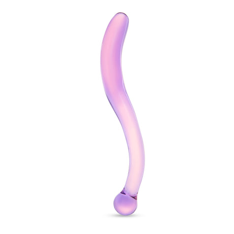 Purple and pink elongated S-shape glass dildo with a smooth shaft and round base on a white background