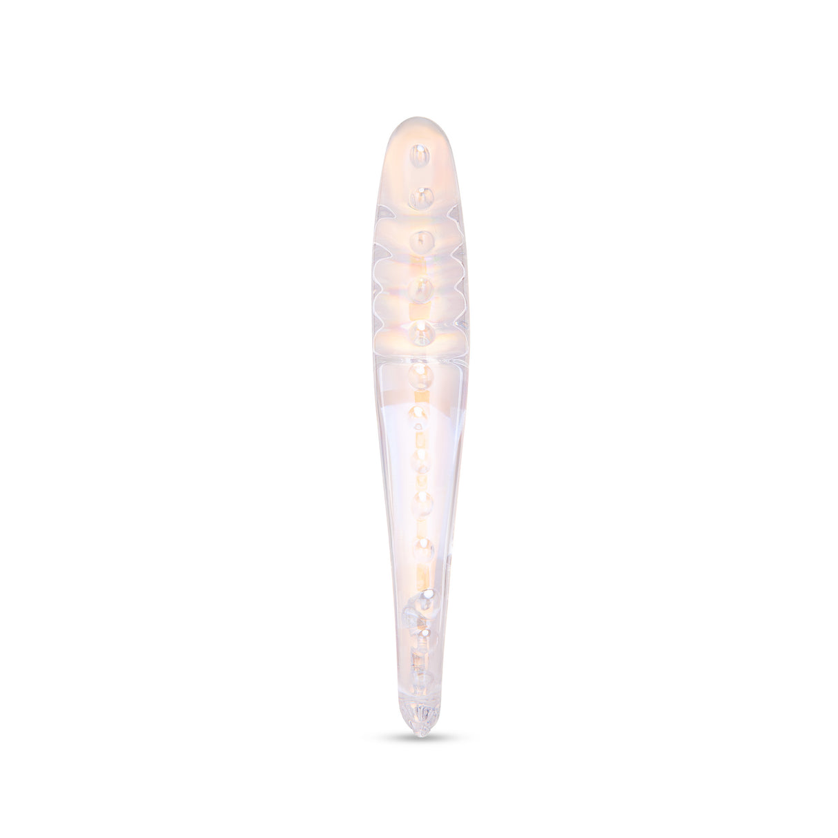 Iridescent G-Spot Glass Dildo with nubbed texture on a white background