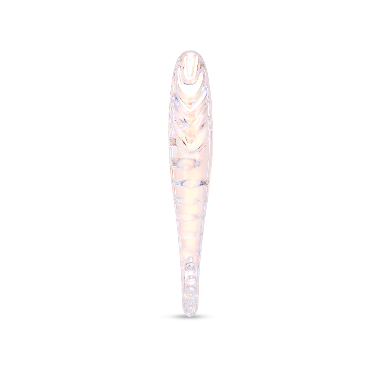 Iridescent G-Spot Glass Dildo with nubbed texture on a white background