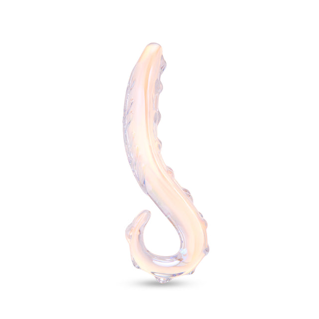 Nubbed glass dildo with tapered tip and ridges on a white background