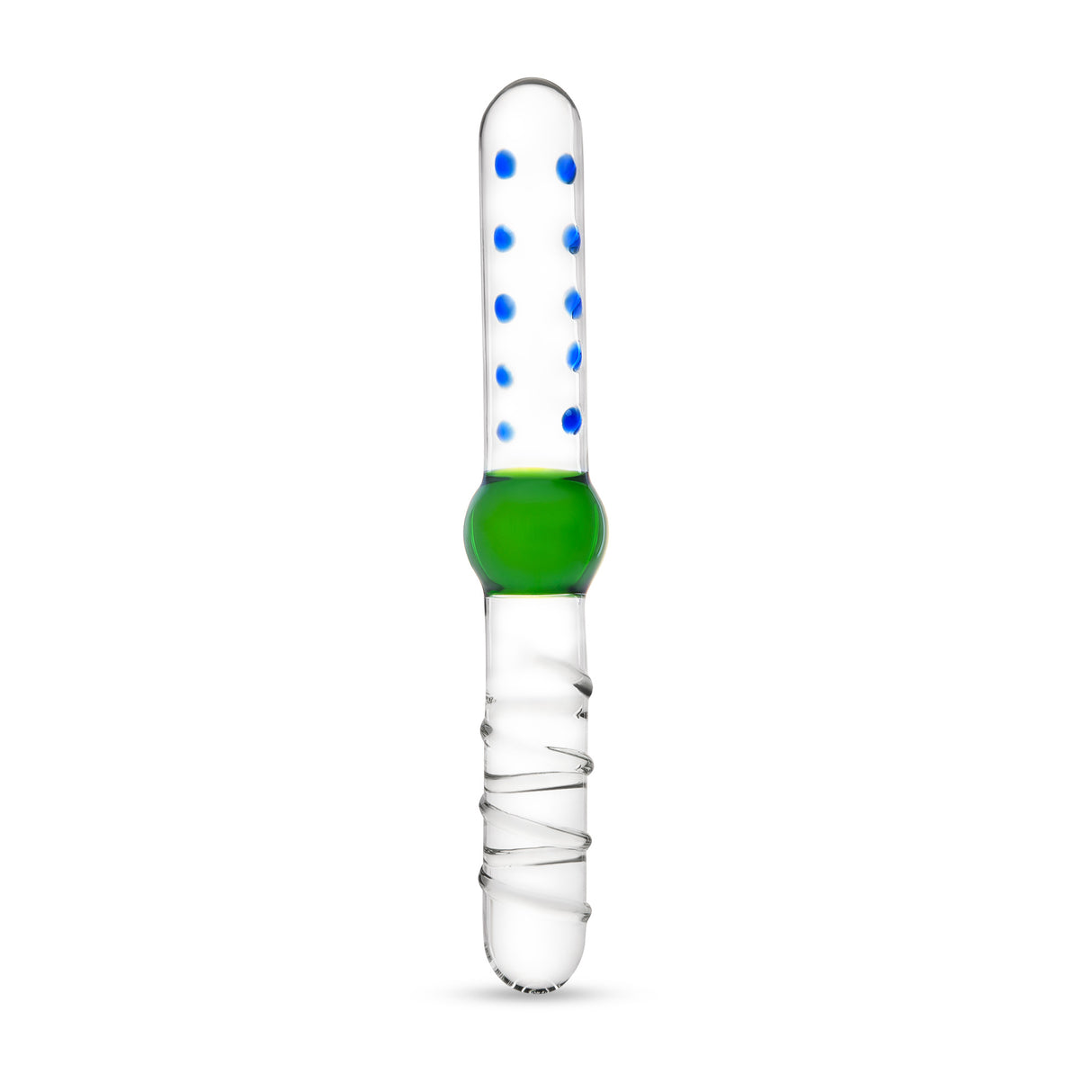 Dual-Ended Textured dildo with a center bulb on a white background